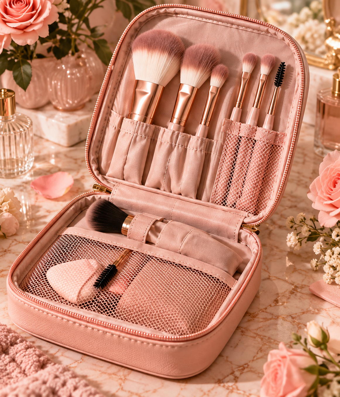 Blush Bow Travel Makeup Brush Kit